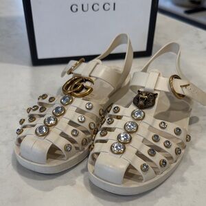 Gucci Women's Cream Sandals with Gold and Silver Details
